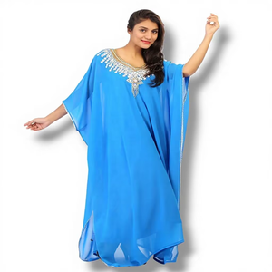 Robe Kaftan Awais House Bride Islamique Coupe A-Line en Georgette avec Cristaux, Simple, Longue, Manches Longues, pour Mariage, Festival d'été, Aïd - Product Image 1