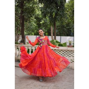 Handmade A-Line Gown for Navratri Beautiful Patch Work Embellished Empire Waistline Chiffon Fabric - Product Image 1