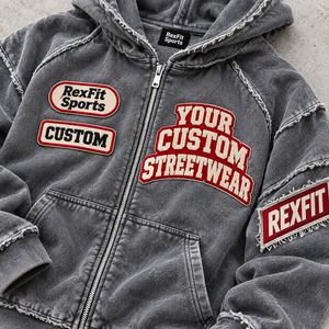 Vintage Acid Wash Patchwork <b>Hoodie</b> Custom Design <b>Stitching</b> Full Zip Unisex Streetwear Embroidered Badge Wholesale Supplier - Product Image 4