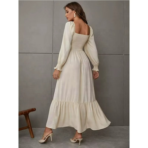 Y2K White Summer Polyester <b>Dress</b> for Women Casual Long Shirred <b>Ruffle</b> Hem With Square Neck and High Waist Long Sleeves - Product Image 1