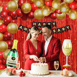 Kit Combinado Rojo Premium de Aniversario Feliz |   45 globos metálicos rojos dorados |   Globo de aluminio con forma de botella de champán y copa de vino - Product Image 5