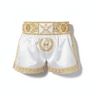 Shorts de boxe en soie blanche avec motif grec brodé doré et design couronne de lauriers, coupe classique, unisexe adulte - Product Image 5