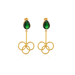 Boucles d'oreilles créoles élégantes en laiton plaqué or, faites à la main, couleur émeraude, pour femmes - Product Image 1