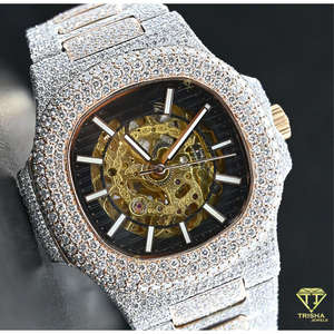 Montre Hip Hop personnalisée haut de gamme, cadran squelette, diamants Moissanite VVS, en argent sterling 925, par Trisha Jewels - Product Image 4