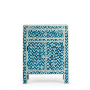 Table de chevet indienne artisanale en os bleu incrusté, motif marocain de luxe, armoire 1 tiroir 2 portes, prix direct usine, pour chambre à coucher - Product Image 1