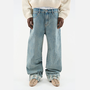 Jean cargo streetwear ample à jambe large pour homme, taille mi-haute, denim en coton délavé moyen, collection printemps, vente en gros directe usine - Product Image 1