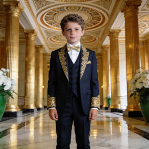 Traje de esmoquin azul marino para niño con bordado dorado |   Conjunto de Ropa Formal para Niños para Bodas y Fiestas - Product Image 1