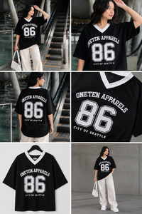 ONETEN APPARELS Women's Black V-Neck <b>T</b>-<b>Shirt</b> 86 City of Seattle Logo Print Loose Fit Casual Short Sleeve Jersey Long - Product Image 3