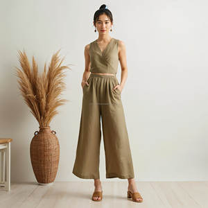 ชุดเดรสผ้าลินินสตรีแบบสั่งทำปี 2025 สำหรับสวมใส่ในชีวิตประจำวัน-ชุดลำลองแบบเป็นทางการสไตล์อเมริกัน เสื้อและกางเกงพิมพ์ลายดิจิทัล รับผลิตแบบ OEM - Product Image 2