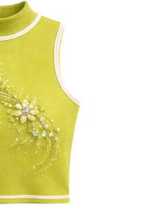 Débardeur côtelé vert citron personnalisé pour femme avec motif floral en strass, sans manches, été, fabrication sur mesure - Product Image 3