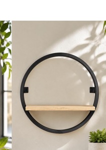 Minimalist <b>Round</b> <b>Wall</b> Mounted <b>Shelf</b> With Towel Bar Steel Storage Rack For Bathroom Black Metal And Wood Design - Product Image 2