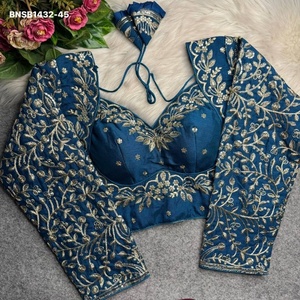 Colección de blusas de seda Vichitra pesada con bordado Zari en toda la prenda y mangas largas acolchadas con cierre trasero, proveedor de la India. - Product Image 1