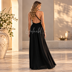 Robe longue élégante noire à col licou, décolleté plongeant, ceinture tressée à la taille, tissu fluide et doux, fente latérale, idéale pour l'été, la plage, les soirées et les fêtes. - Product Image 3