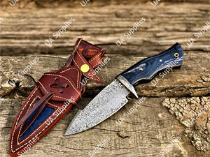 มีดล่าสัตว์เหล็กดามัสกัส ใบมีดคงที่ ด้ามไม้ปักก้า ปลอกหนัง ทำมือ สำหรับตั้งแคมป์กลางแจ้ง ปลายใบมีดแบบดรอปพอยต์ รับผลิตตามแบบ OEM - Product Image 4