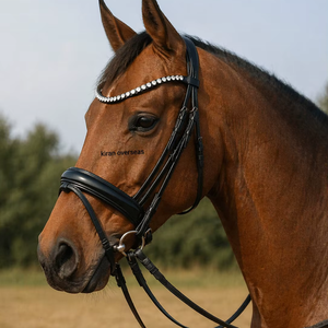 Brida de Cuero Genuino de Alta Calidad para Montar a Caballo, Tamaño Completo, Blanca con Pequeños Cristales en la Diadema - Product Image 1