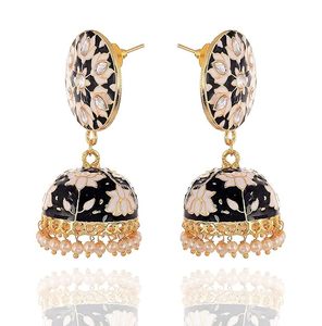 Pendientes Jhumka Tradicionales de Fusión Étnica con Cuentas de Cristal y Pedrería, Baño de Cobre Antiguo, Forma de Flor, Base de Aleación Resistente - Product Image 5