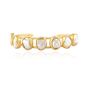 Trendy natural white baroque pearl texture finish double layer cuff <b>bracelet</b> gold plated <b>adjustable</b> open bangle handmade Jewelry - Product Image 1