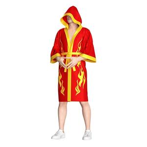 Robe à capuche en satin rouge avec motif flamme jaune, idéale pour l'entraînement aux arts martiaux et les événements de boxe, confortable et adaptée à toutes les saisons, en polyester - Product Image 2