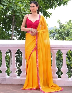 Sari Amarillo de Chifón con Encaje para Mujer KV con Blusa Sin Coser - Product Image 6