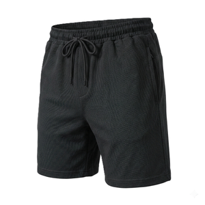 Shorts pour homme en piqué 100% coton noir avec cordon de serrage à la taille, décontractés, respirants, longueur bermuda, couleur unie, tissu tricoté - Product Image 1