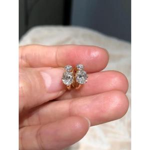 Two Stone Diamond <b>Huggie</b> Earrings Yellow <b>Gold</b> Oval Round Hoop Earrings Elegant Anniversary Gift Minimalist Bridal Jewelry Gift - Product Image 1