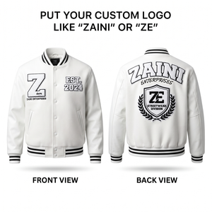 Veste universitaire blanche en mélange de laine 380 GSM de qualité supérieure avec manches en similicuir, logo brodé en chenille personnalisé, style streetwear - Product Image 1