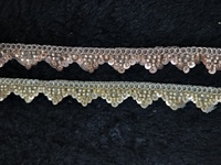 Bordure triangulaire élégante en dentelle brodée festonnée avec perles et sequins, en organza transparent et Zari métallique