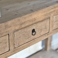 Table console rétro en bois courbé avec étagère ouverte, 3 tiroirs, accent en bois massif pour hôtels, table de canapé ronde avec poignée annulaire