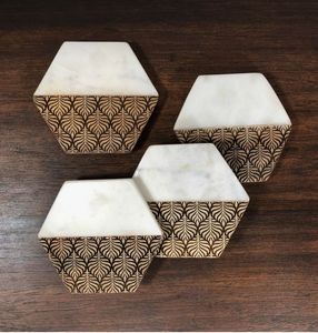 Authentic Handcrafted Premium Wooden And <b>Marble</b> Coaster <b>Set</b> For Home Kitchen <b>Coffee</b> And Tea <b>Table</b> Protection And Decoration - Product Image 3