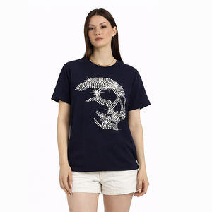 Custom Wholesale Women Rhinestone Skull Graphic T Shirt Short Sleeve O Neck Fashion Tee - Product Image 1