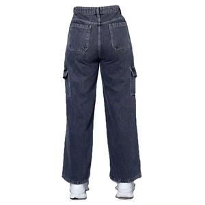 Jean droit décontracté indigo personnalisé pour femme, taille mi-haute, en denim long, 100 % coton, finition délavée - Product Image 2