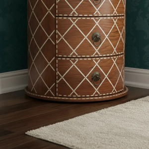 Table de chevet ronde traditionnelle en bois avec incrustations blanches, 3 tiroirs, style antique, meubles de chambre à coucher faits à la main - Product Image 4