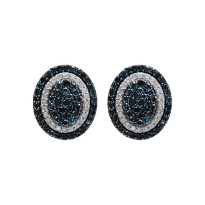 Pendientes de tuerca con halo ovalado de diamantes naturales azules y blancos de corte redondo de 1.87 quilates, plata de ley 925, color G-H - Product Image 1
