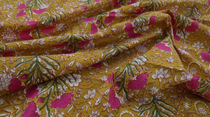 Hand Block Printed Cotton Fabric by Yard Mustard Pink Floral Jaipur Sanganeri Print Dress <b>Sewing</b> Fabric - Product Image 4