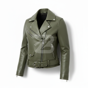 Chaqueta de Motociclista de Cuero Genuino Verde Oliva para Mujer, Manga Larga, Cuello Camisero, Cierre de Cremallera, Largo Regular, Estilo Otoñal - Product Image 1