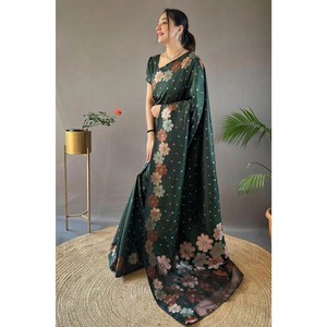 ÚLTIMO MODELO DE SAREE BANARASI DE SEDA SUAVE CON TRABAJO ZARI Y BLUSA SIN COSTURAR, COLOR VERDE 69879 - Product Image 3