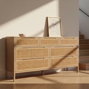 Commode Aruna en teck massif à 9 tiroirs, design élégant, écologique et durable, rangement autonome pour chambre et salon modernes - Product Image 3