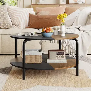 Mesa de centro redonda de 2 niveles con estante de almacenamiento, marco de metal, para sala de estar, apartamento, color marrón rústico, de calidad excepcional, precio de fábrica al por mayor. - Product Image 3