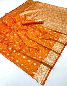 Sari en soie Banarasi douce avec un pallu riche et un travail de tissage Zari de haute qualité, sari de créateur à grande bordure avec chemisier en soie contrastant - Product Image 1