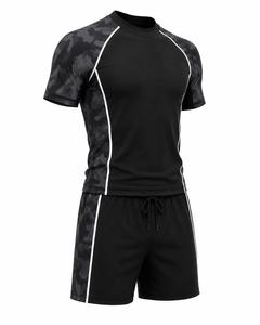 Men's Black <b>Camo</b> Print Full Sleeve Rash Guard Anti-UV Quick Dry Breathable Eco-Friendly Spandex Swim <b>Top</b> White Stripe Detailing - Product Image 3