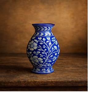 Vase globe en céramique bleu marine classique et blanc à motifs floraux, qualité supérieure disponible à prix de gros. - Product Image 5