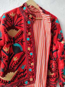 Veste en velours bohème Suzani orange brodée : Manteau indien fait main - Product Image 3