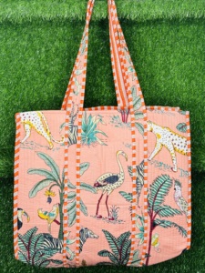 Jungle Print Tote <b>Bag</b> | Quilted Cotton Shoulder Tote <b>Bag</b> | Handmade Peach Safari Animal Print <b>Bag</b> | Large Space Tote Travel <b>Bag</b> - Product Image 3