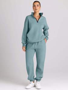 Conjunto deportivo de dos piezas para mujer, color verde salvia, con sudadera de media cremallera y pantalones jogger, informal, de forro polar, para invierno. - Product Image 5