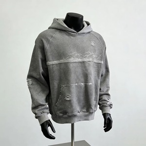 เสื้อฮู้ดดี้ผู้ชายผ้าฝ้ายแท้ 100% ทรงโอเวอร์ไซส์ ล้างสีแบบแอซิดวอช แต่งลายปักสไตล์วินเทจ หนานุ่ม ใส่ได้ในฤดูหนาว - Product Image 2