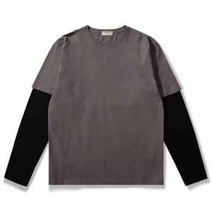 Men's Long Sleeve T-Shirt <b>White</b> With Black Contrast Sleeves O-Neck Casual 100% Cotton Jersey Knitted Regular Fit - Product Image 2