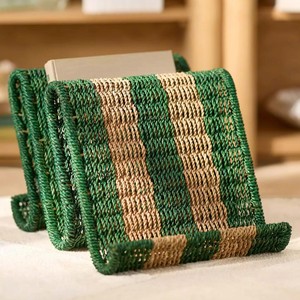 Rectangle Magazine Holder <b>Basket</b> Handmade Storage <b>Basket</b> Green Beige Striped Rustic Style For Office And Home Storage - Product Image 1
