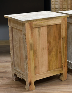 Mesa <span class=keywords><strong>de</strong></span> <span class=keywords><strong>Noche</strong></span> Tradicional <span class=keywords><strong>de</strong></span> Madera Maciza India Turquesa con Acabado Natural, Tallada a Mano, Estilo Oriental, Ecológica para Dormitorio - Product Image 5