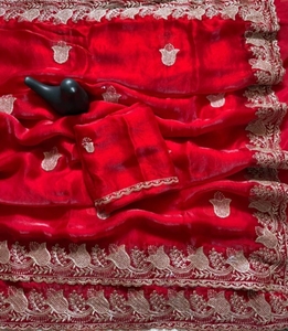 KV Women's Embroidered Bollywood Satin <b>Saree</b> (<b>Red</b>) - Product Image 6
