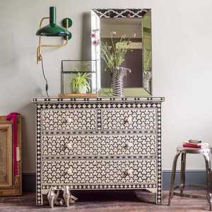 Wholesale Modern Camel Bone Inlay <b>Wood</b> <b>Chest</b> with Blue White Pattern for Living Room and Kitchen From India - Product Image 1